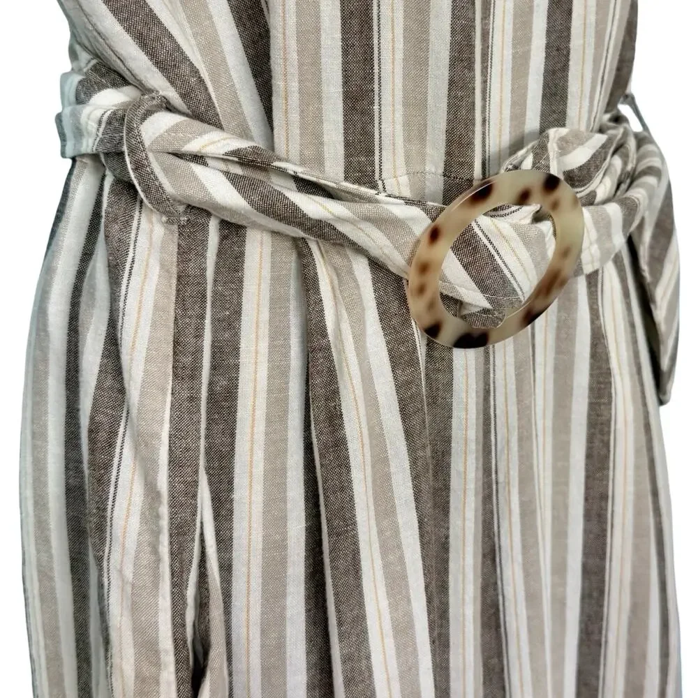 Calvin Klein White Beige Mock Neck Pinstripe Linen Blend Cropped Jumpsuit sz 12 - Picture 13 of 16